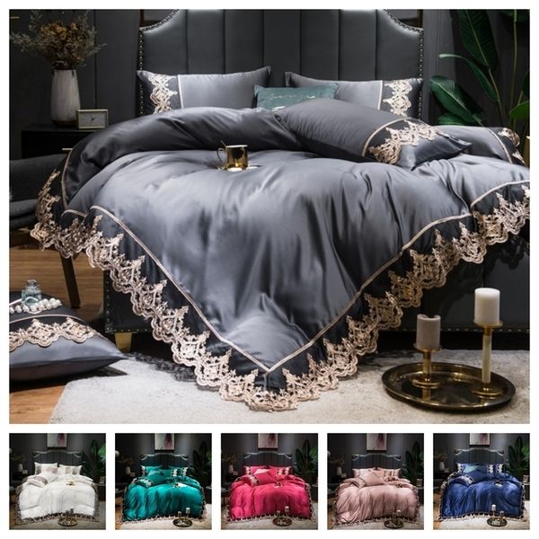 2-4 piece lace silk bedding satin duvet cover set includes flat sheet with zipper closure in twin, queen, king sizes and 7 design options 201210