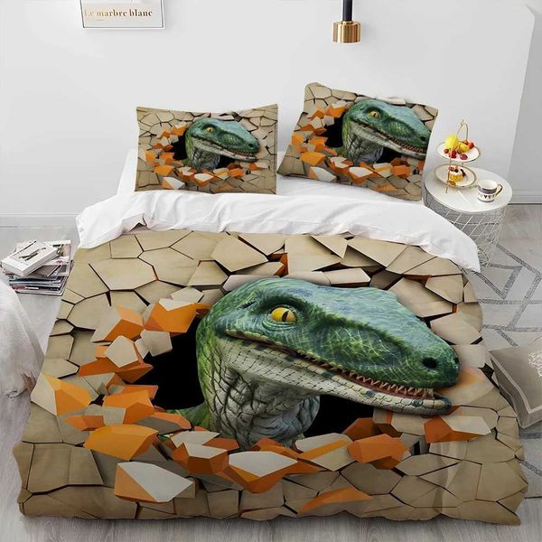 3D Cartoon Dinosaur Pattern Bedding Set - Duvet Cover with Pillowcases for Queen Size Bed, Perfect Gift for Kids