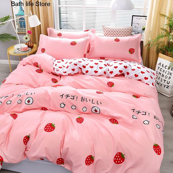 4-piece pink strawberry Kawaii bedding set with soft duvet covers, pillowcases, and decorative bed sheet for kids