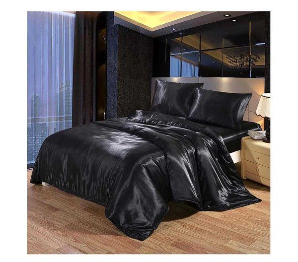 4-piece satin silk bedding set for queen or king size beds, including comforter, quilt, duvet cover, flat and fitted sheets