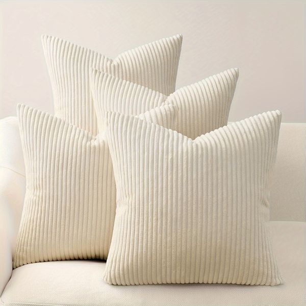 4-piece set of ultra-soft corduroy pillow covers featuring bohemian striped and solid designs with zipper closure, ideal for sofa and bed decoration or as thoughtful gifts, style ph1291 C4