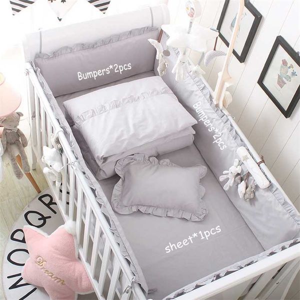 5pcs Grey Cotton Baby Crib Bumper Set, Safe Anti-Bump Bed Cover for Boys and Girls 211025