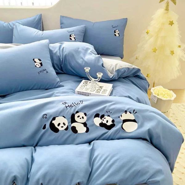 Adorable embroidered panda design kids' bedding set with double duvet cover Y241024