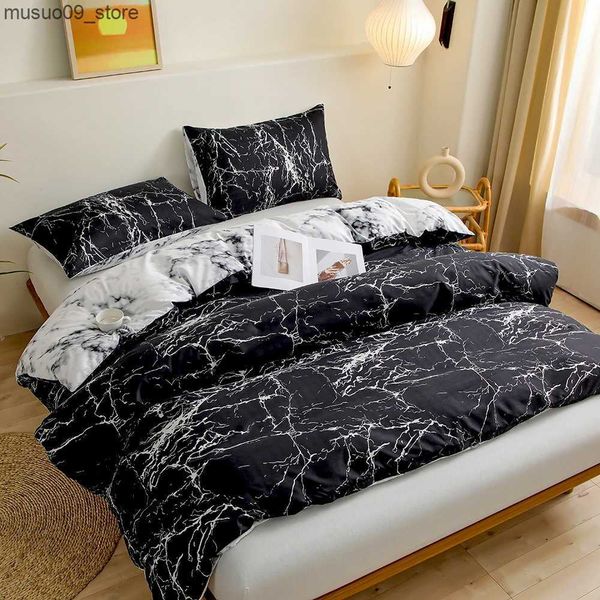 Black marble-patterned 2/3 piece bedding set for autumn and winter, featuring printed duvet covers in king, queen, and full sizes
