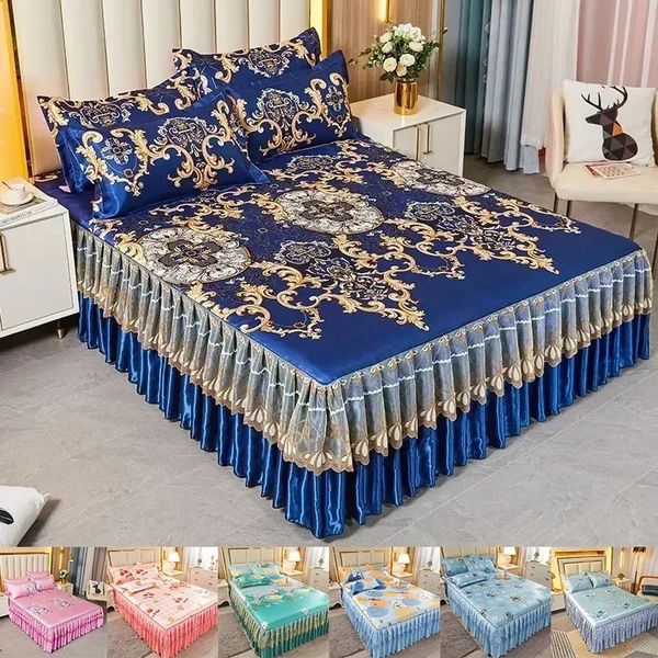 Blue cotton quilted lace bedding with pleated details, soft full-size double bed cover and matching pillowcase