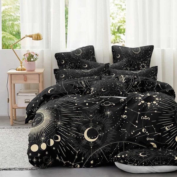 Boho-inspired galaxy duvet cover featuring sun and moon astrology designs for kids' and teens' bedrooms