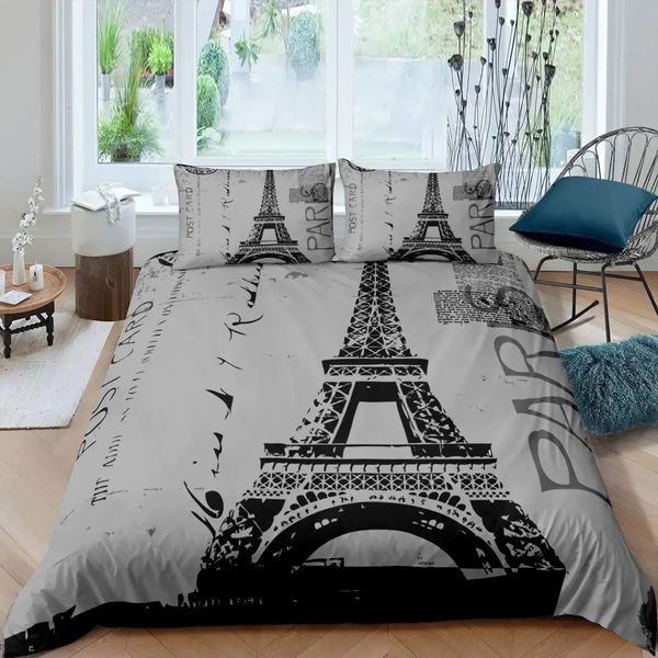 Eiffel Tower Down Duvet P French Bedding Large Old Newspaper Comfortable Set for Men Grey Style 241011