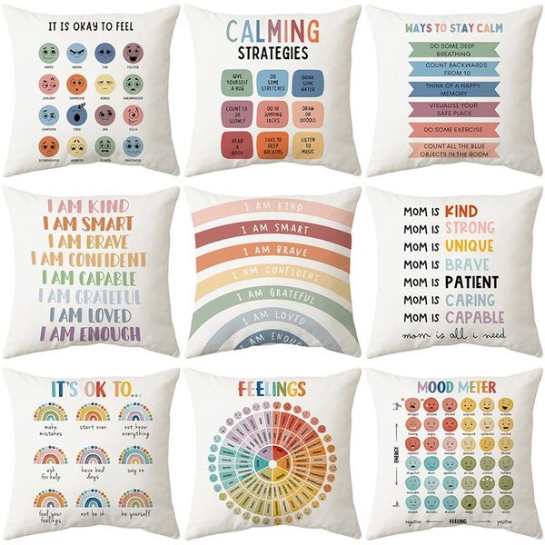 Emotional Support Pillow Case 45x45CM Cushion Cover with Positive Affirmations and Mood Charts for Home Decor