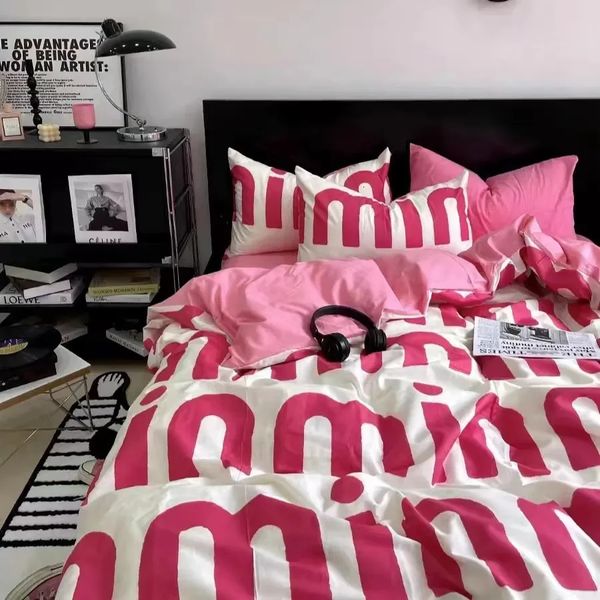 Korean-style pink bedding set with flat sheet and pillowcases for twin, full, and queen sizes, featuring a feminine design without fill