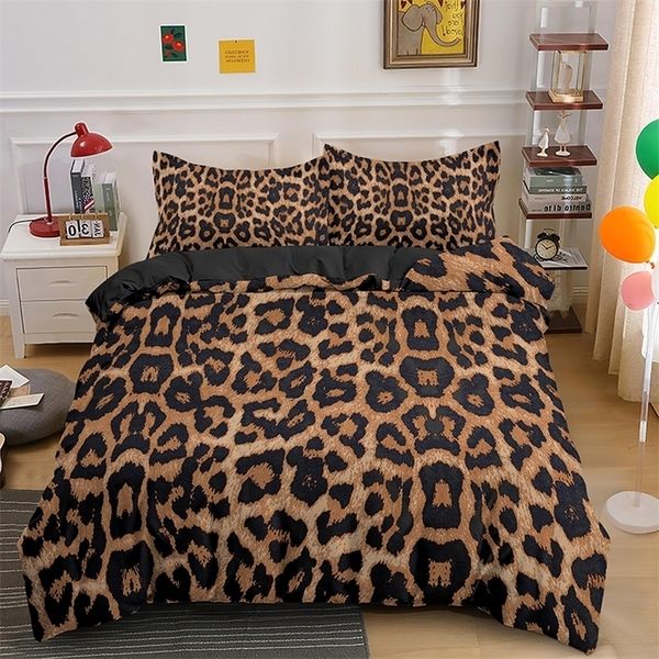 Leopard print bedding set with animal skin design duvet cover and pillowcase for kids, teens, and adults, made of polyester