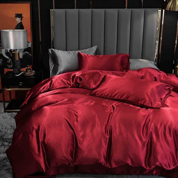 Luxurious European bedding set featuring a red comforter and black duvet cover in queen or king size