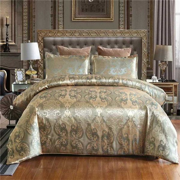 Luxury satin jacquard duvet cover set in king or queen size, elegant European wedding bedding