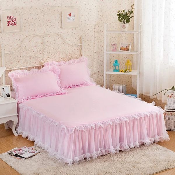 Pink lace lotus leaf bedding in princess style, solid color pillowless non-slip sheet
