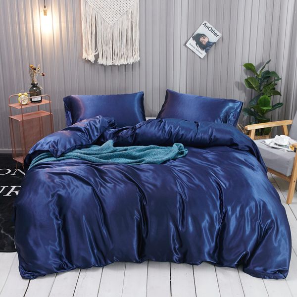 Queen-size blue satin bedding set with breathable summer duvet cover and pillowcases for 2024