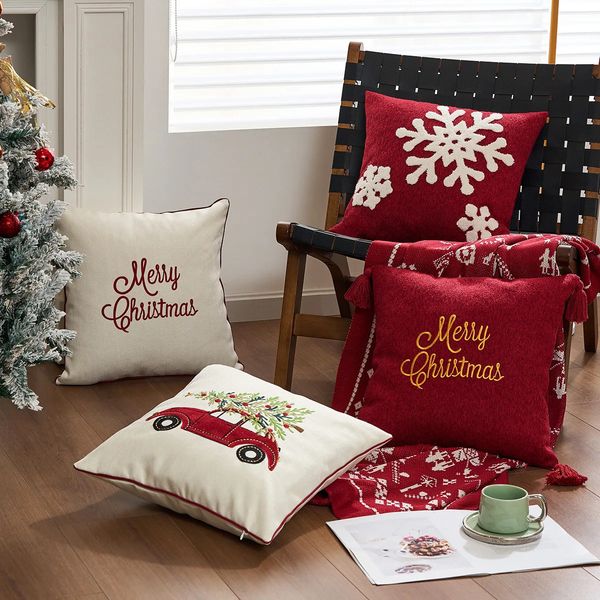 Red Christmas embroidered sofa pillow cover for festive home decor