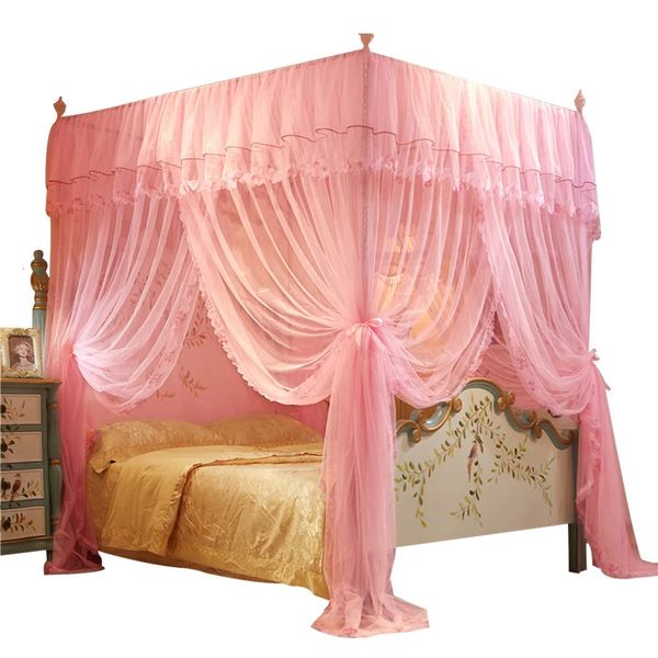 Romantic canopy bed net for princess-style queen beds with floor-length mesh curtains, 1.5x2m four-poster design
