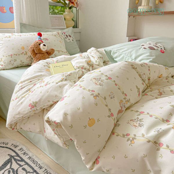 Rustic floral water-washed cotton bedding set, 4 pieces for 1.5m bed, student-friendly