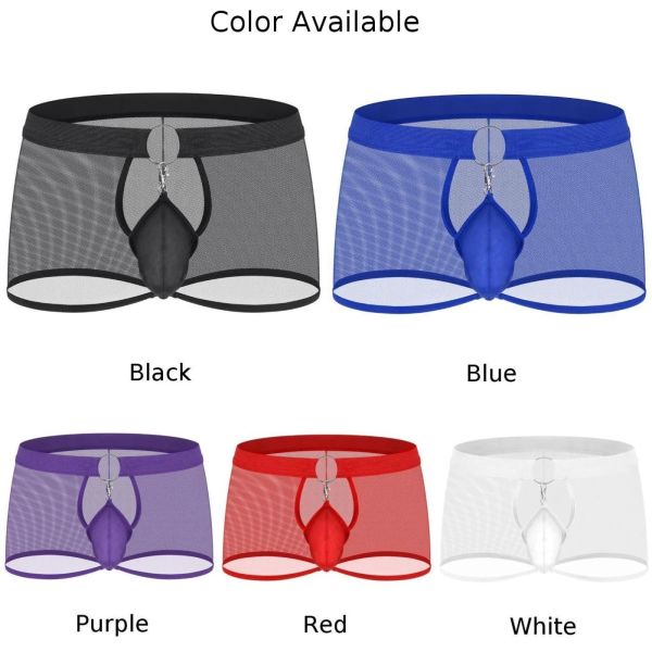 See-through men's boxer briefs with front O-ring hoop, removable pouch, and jock-style design