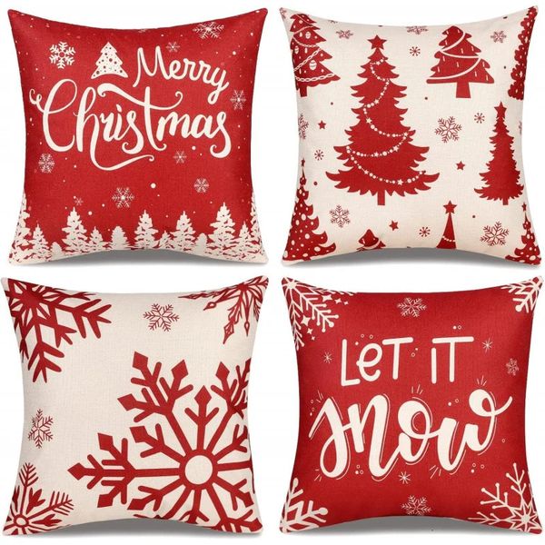 Set of 4 festive red plaid Christmas pillow covers featuring deer and snowflake designs for cozy farmhouse home decor