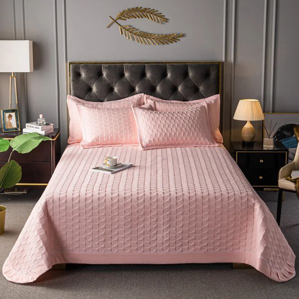 Simple pink quilted bedspread with matching pillowcases, throws, blankets, and coverlet in plaid design, 13-piece set #L 250120