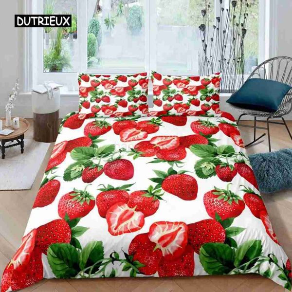 Strawberry-themed king-size duvet cover set with red fruit design, perfect as a kids' bedding gift