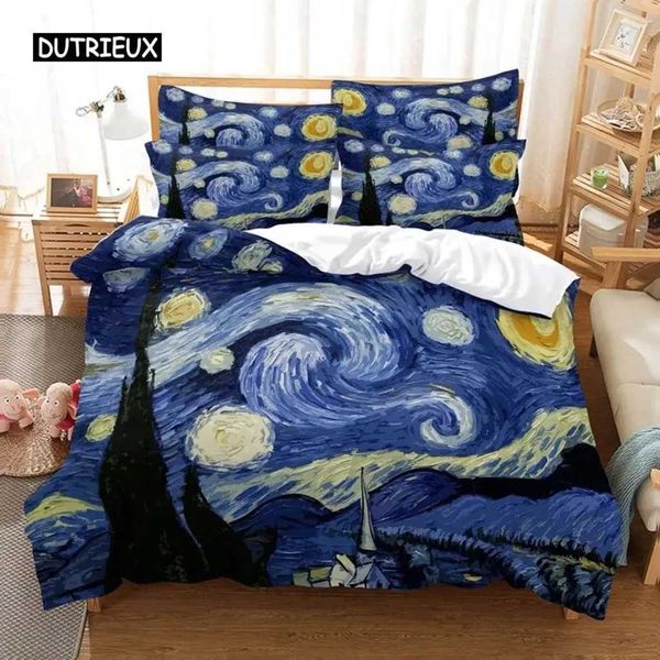 Van Gogh-inspired duvet cover set featuring Starry Night design, microfiber fabric, perfect gift for teens' bedroom decor