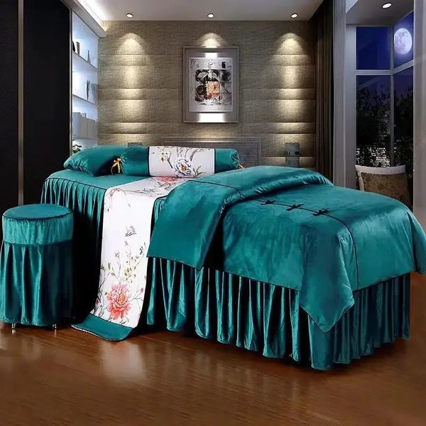 Velvet 4-piece bedding set for salon and spa use, includes duvet cover, bed skirt, sheet, and insert