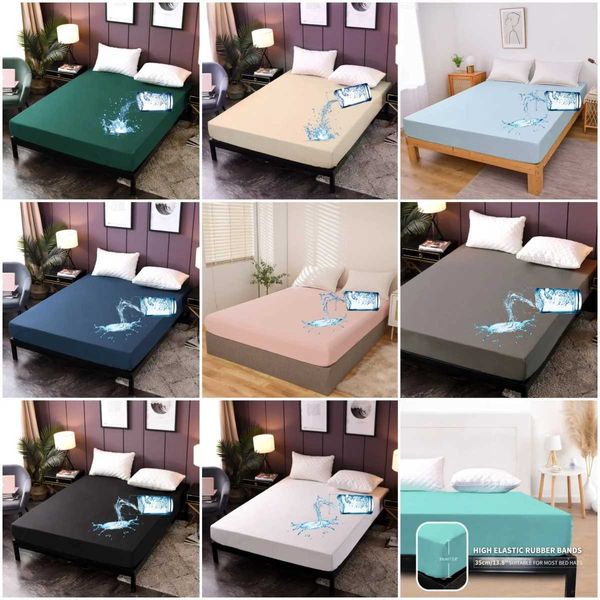 Waterproof large mattress protector with 14-inch deep pocket, polyester fabric, solid black laminated cover