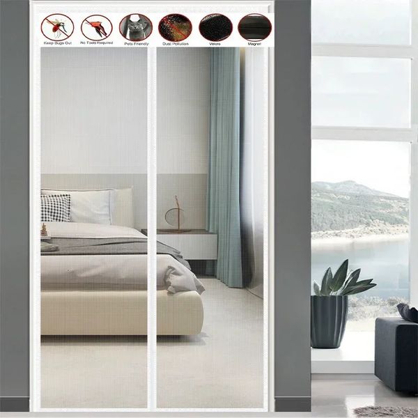 White magnetic diamond high-gloss windproof door curtain with self-adhesive mesh screen and suction cups, size 250208