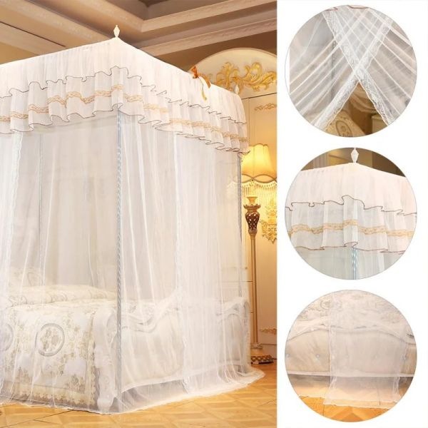 White mosquito canopy net with four posts for girls' bedroom decor