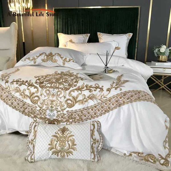 White satin cotton bedding set with royal gold embroidery, includes 4 or 5-piece duvet cover and sheet set