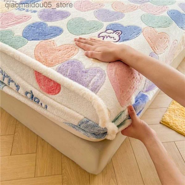 WOSTAR Double Bedding Set with Elastic Mattress Protector, Warm Coral Fleece for Couples in Winter 150 Q24